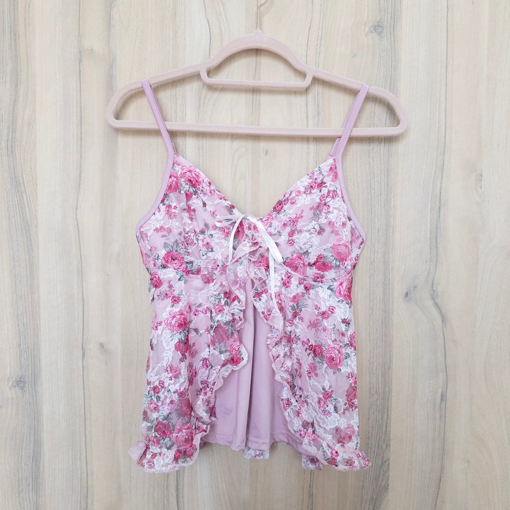 Womens Floral Lace Babydoll Cami M Pink Ruffle Bow Coquette Y2K Fairy Romantic